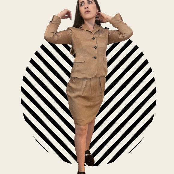 Skirt suit, single pleat slant pockets, huckabak linen fabric, MADE IN ITALY - Picture 1 of 13